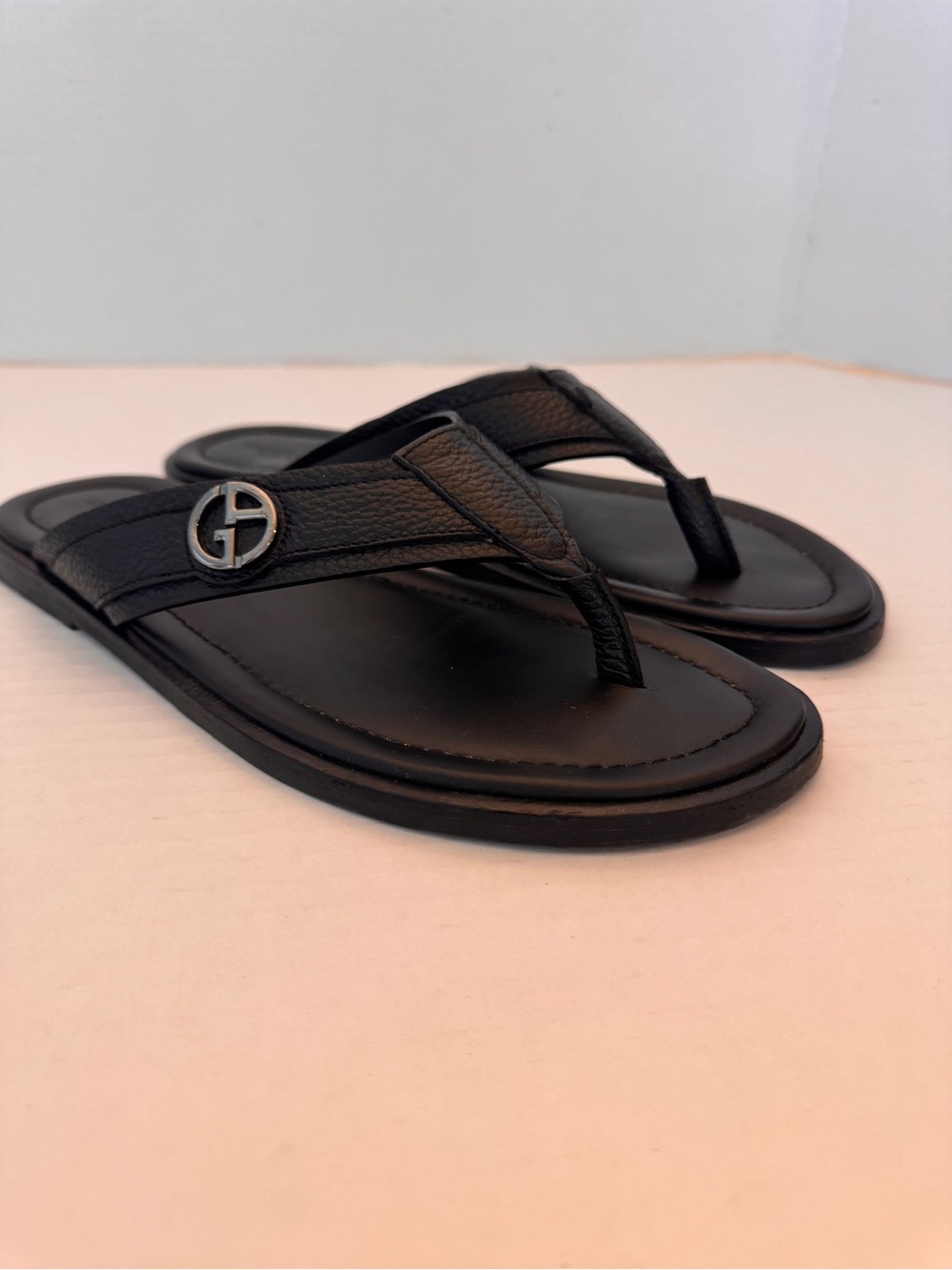 Giorgio Armani Men Sz 9.5 Leather Thong Sandals Black Italy Designer Flip Flops